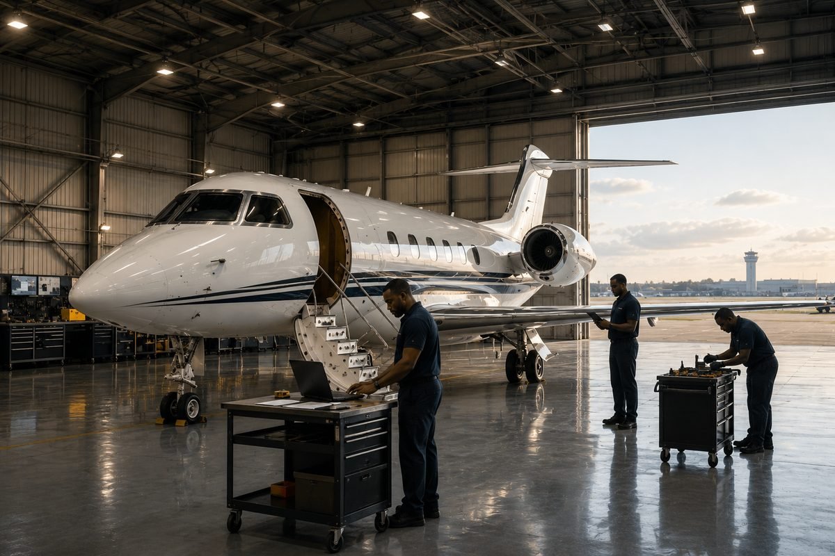 Business jet in a maintenance hangar with technicians, aviation advisory and fleet management